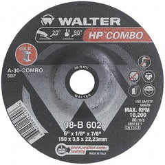 WALTER Surface Technologies - 30 Grit, 6" Wheel Diam, 1/8" Wheel Thickness, 7/8" Arbor Hole, Type 27 Depressed Center Wheel - Aluminum Oxide, Resinoid Bond, 10,200 Max RPM - Apex Tool & Supply