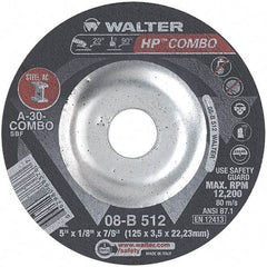 WALTER Surface Technologies - 30 Grit, 5" Wheel Diam, 1/8" Wheel Thickness, 7/8" Arbor Hole, Type 27 Depressed Center Wheel - Aluminum Oxide, Resinoid Bond, 12,200 Max RPM - Apex Tool & Supply