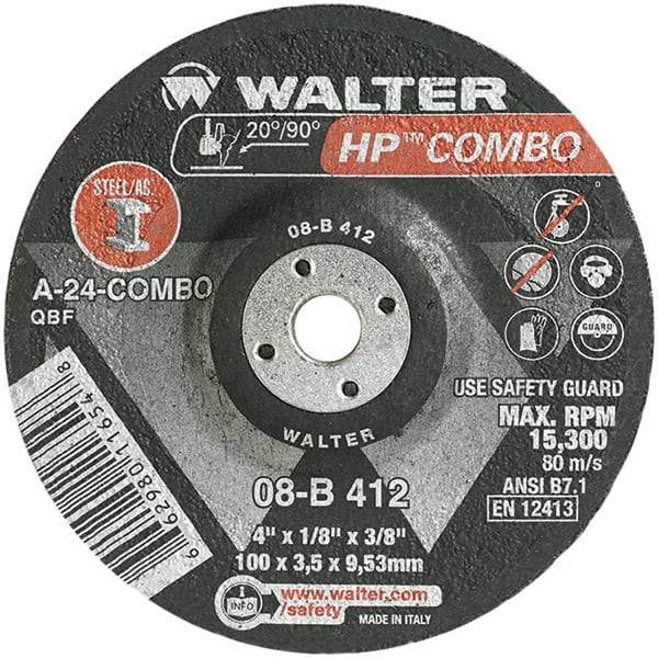 WALTER Surface Technologies - 24 Grit, 4" Wheel Diam, 1/8" Wheel Thickness, 3/8" Arbor Hole, Type 27 Depressed Center Wheel - Aluminum Oxide, Resinoid Bond, 15,000 Max RPM - Apex Tool & Supply