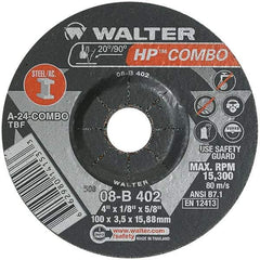 WALTER Surface Technologies - 24 Grit, 4" Wheel Diam, 1/8" Wheel Thickness, 5/8" Arbor Hole, Type 27 Depressed Center Wheel - Aluminum Oxide, Resinoid Bond, 15,000 Max RPM - Apex Tool & Supply