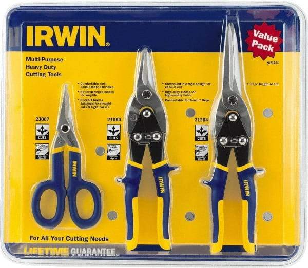 Irwin - 3 Piece Aviation Snip Set - Left, Right, Straight, 7, 10, 11-3/4" OAL, 1-5/16, 2, 3-1/8" LOC - Apex Tool & Supply