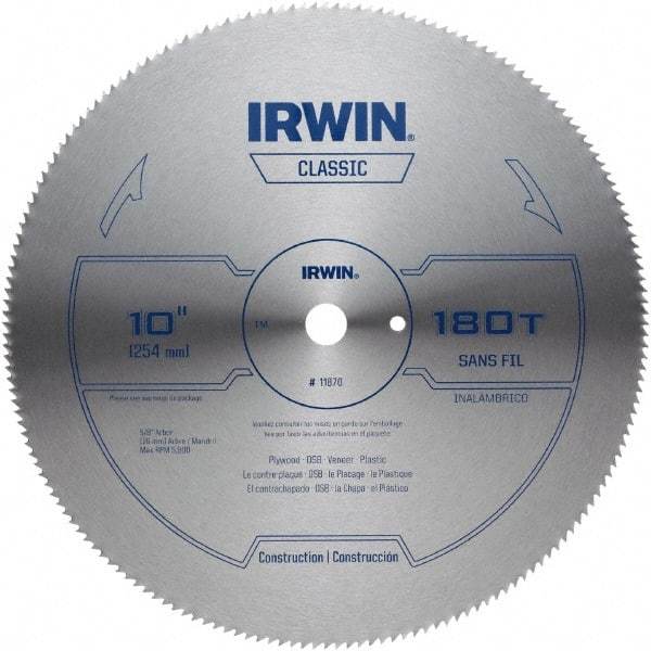 Irwin - 10" Diam, 5/8" Arbor Hole Diam, 180 Tooth Wet & Dry Cut Saw Blade - High Carbon Steel, Smooth Action, Standard Round Arbor - Apex Tool & Supply