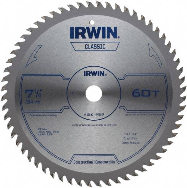 Irwin Blades - 7-1/4" Diam, 5/8" Arbor Hole Diam, 60 Tooth Wet & Dry Cut Saw Blade - Carbide-Tipped, Smooth Action, Diamond Arbor - Apex Tool & Supply