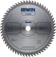 Irwin Blades - 7-1/4" Diam, 5/8" Arbor Hole Diam, 60 Tooth Wet & Dry Cut Saw Blade - Carbide-Tipped, Smooth Action, Diamond Arbor - Apex Tool & Supply