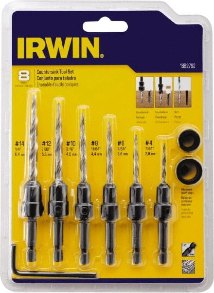Irwin - 8 Piece, 1/4 to 1/2" Head Diam, Single End Countersink Set - Apex Tool & Supply
