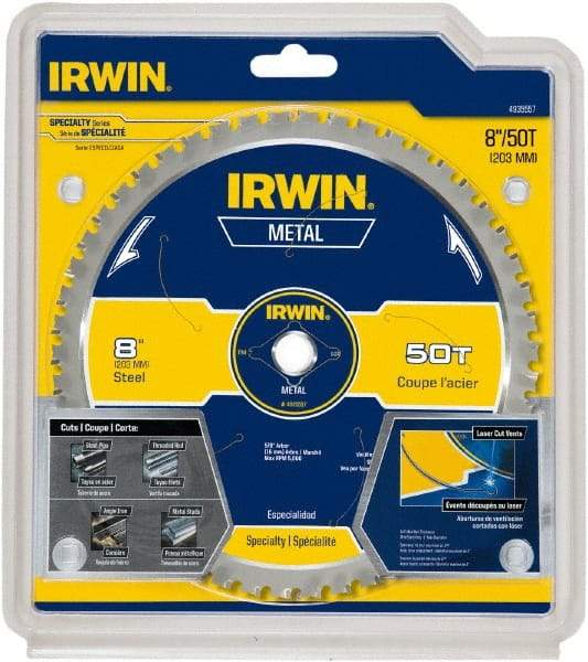 Irwin Blades - 8" Diam, 5/8" Arbor Hole Diam, 50 Tooth Wet & Dry Cut Saw Blade - Carbide-Tipped, Smooth Action, Standard Round Arbor - Apex Tool & Supply