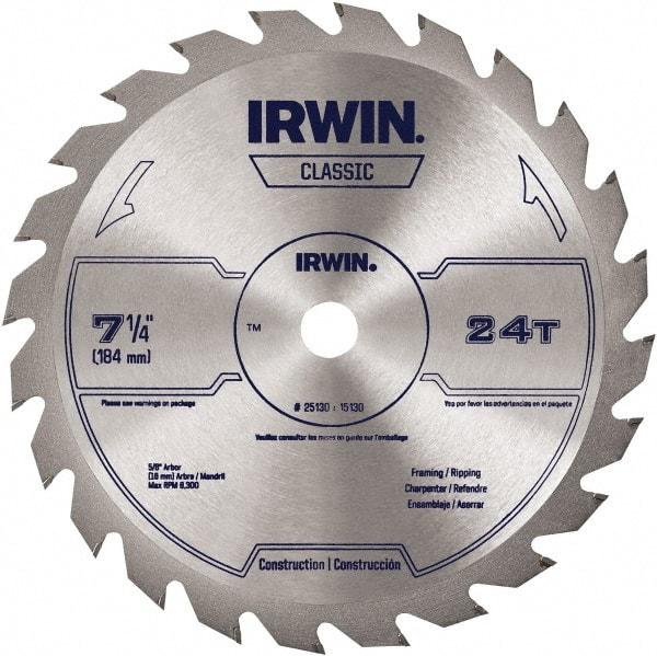 Irwin Blades - 7-1/4" Diam, 5/8" Arbor Hole Diam, 24 Tooth Wet & Dry Cut Saw Blade - Carbide-Tipped, Smooth Action, Diamond Arbor - Apex Tool & Supply