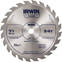 Irwin Blades - 7-1/4" Diam, 5/8" Arbor Hole Diam, 24 Tooth Wet & Dry Cut Saw Blade - Carbide-Tipped, Smooth Action, Diamond Arbor - Apex Tool & Supply
