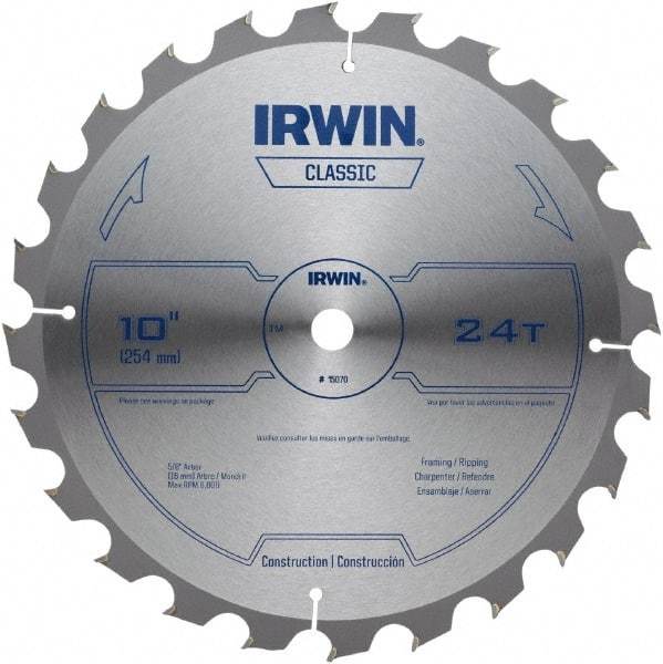 Irwin - 10" Diam, 5/8" Arbor Hole Diam, 24 Tooth Wet & Dry Cut Saw Blade - Carbide-Tipped, Smooth Action, Diamond Arbor - Apex Tool & Supply