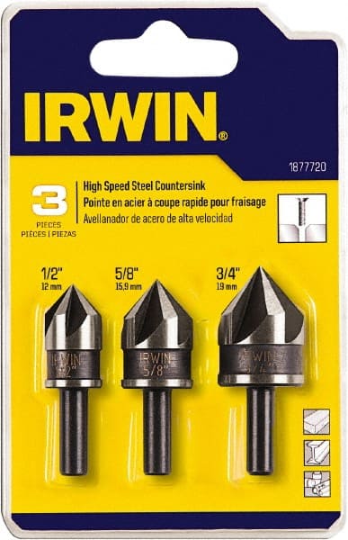 Irwin - 3 Piece, 1/2 to 3/4" Head Diam, 82° Included Angle, Single End Countersink Set - Apex Tool & Supply
