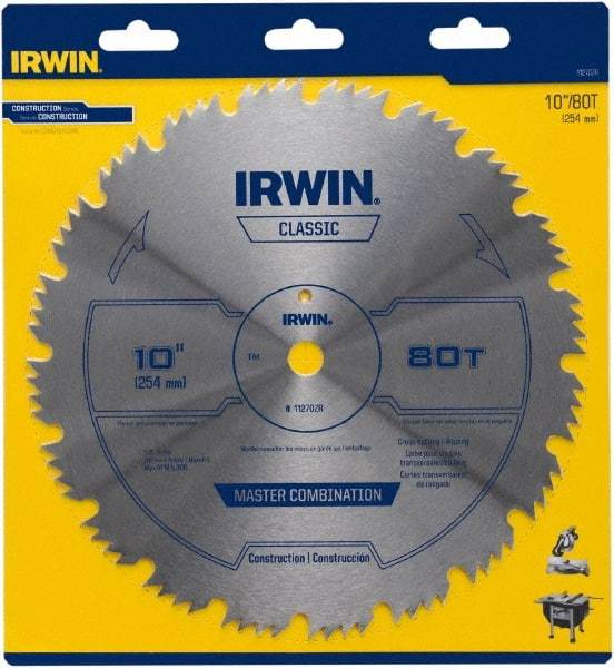 Irwin Blades - 10" Diam, 5/8" Arbor Hole Diam, 80 Tooth Wet & Dry Cut Saw Blade - High Carbon Steel, Smooth Action, Standard Round Arbor - Apex Tool & Supply