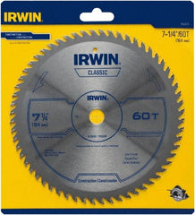 Irwin Blades - 7-1/4" Diam, 5/8" Arbor Hole Diam, 60 Tooth Wet & Dry Cut Saw Blade - Carbide-Tipped, Smooth Action, Diamond Arbor - Apex Tool & Supply