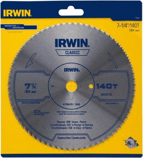 Irwin Blades - 7-1/4" Diam, 5/8" Arbor Hole Diam, 140 Tooth Wet & Dry Cut Saw Blade - High Carbon Steel, Smooth Action, Diamond Arbor - Apex Tool & Supply