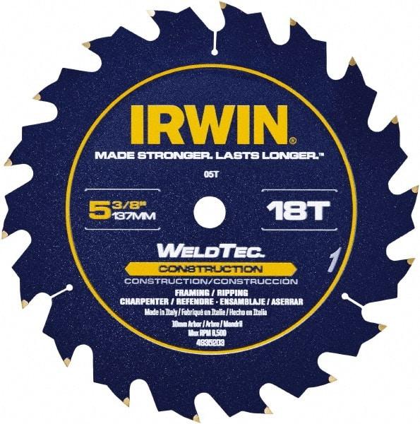 Irwin Blades - 5-3/8" Diam, 10mm Arbor Hole Diam, 18 Tooth Wet & Dry Cut Saw Blade - Carbide-Tipped, Straight Action, Standard Round Arbor - Apex Tool & Supply