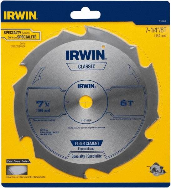 Irwin Blades - 7-1/4" Diam, 5/8" Arbor Hole Diam, 6 Tooth Wet & Dry Cut Saw Blade - Diamond-Tipped, Smooth Action, Diamond Arbor - Apex Tool & Supply