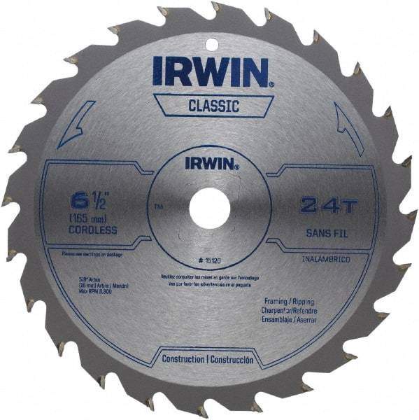 Irwin - 6-1/2" Diam, 5/8" Arbor Hole Diam, 24 Tooth Wet & Dry Cut Saw Blade - Carbide-Tipped, Smooth Action, Diamond Arbor - Apex Tool & Supply