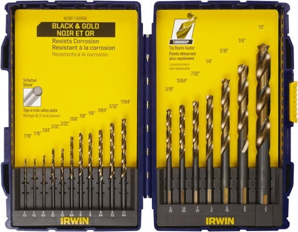 Irwin - 1/16 to 1/2", Oxide/Gold Finish, High Speed Steel Reduced Shank Drill Bit Set - Apex Tool & Supply