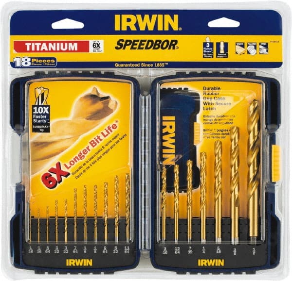 Irwin - 1/16 to 1/2", TiN Finish, High Speed Steel Jobber Length Drill Bit Set - Apex Tool & Supply