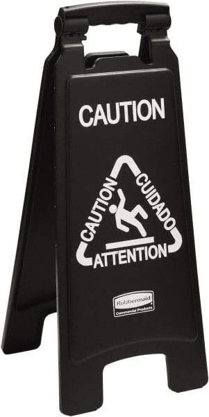 Rubbermaid - Attention/Caution/Cuidado, 11" Wide x 25" High, Polypropylene Floor Sign - English/French/Spanish, A-Frame, White on Black, For Accident Prevention - Apex Tool & Supply