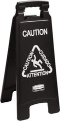 Rubbermaid - Attention/Caution/Cuidado, 11" Wide x 25" High, Polypropylene Floor Sign - English/French/Spanish, A-Frame, White on Black, For Accident Prevention - Apex Tool & Supply