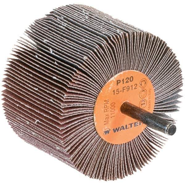 WALTER Surface Technologies - 3" Diam x 2" Face Width, Fine Aluminum Oxide Coated Mounted Flap Wheel - 1/4" Shank Mount, 120 Grit, Cloth Backing, 11,000 Max RPM - Apex Tool & Supply