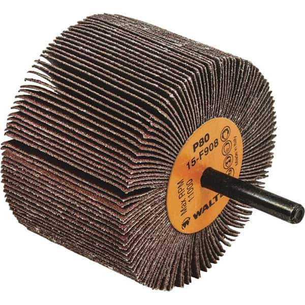 WALTER Surface Technologies - 3" Diam x 2" Face Width, Medium Aluminum Oxide Coated Mounted Flap Wheel - 1/4" Shank Mount, 80 Grit, Cloth Backing, 11,000 Max RPM - Apex Tool & Supply