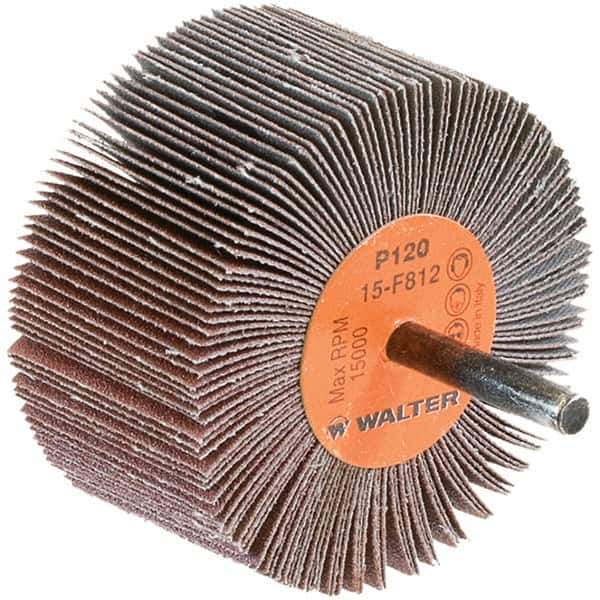 WALTER Surface Technologies - 3" Diam x 1-1/2" Face Width, Fine Aluminum Oxide Coated Mounted Flap Wheel - 1/4" Shank Mount, 120 Grit, Cloth Backing, 15,000 Max RPM - Apex Tool & Supply