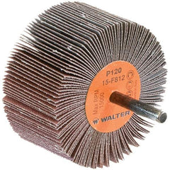 WALTER Surface Technologies - 3" Diam x 1-1/2" Face Width, Fine Aluminum Oxide Coated Mounted Flap Wheel - 1/4" Shank Mount, 120 Grit, Cloth Backing, 15,000 Max RPM - Apex Tool & Supply