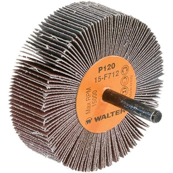 WALTER Surface Technologies - 3" Diam x 1" Face Width, Fine Aluminum Oxide Coated Mounted Flap Wheel - 1/4" Shank Mount, 120 Grit, Cloth Backing, 15,000 Max RPM - Apex Tool & Supply