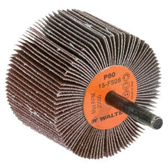 WALTER Surface Technologies - 2-1/2" Diam x 1-1/2" Face Width, Medium Aluminum Oxide Coated Mounted Flap Wheel - 1/4" Shank Mount, 80 Grit, Cloth Backing, 20,000 Max RPM - Apex Tool & Supply