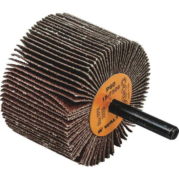WALTER Surface Technologies - 2-1/2" Diam x 1-1/2" Face Width, Medium Aluminum Oxide Coated Mounted Flap Wheel - 1/4" Shank Mount, 60 Grit, Cloth Backing, 20,000 Max RPM - Apex Tool & Supply