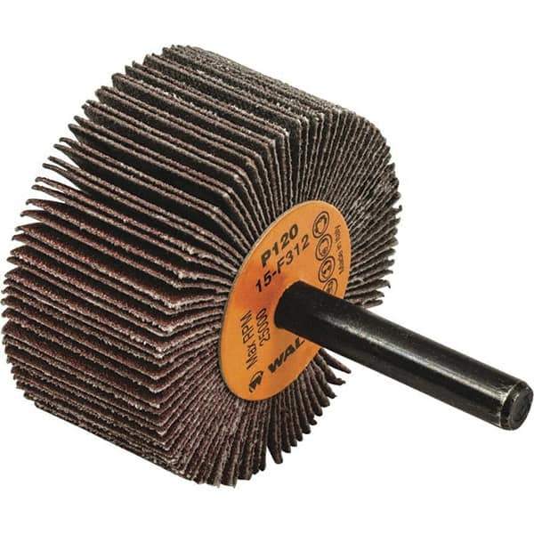 WALTER Surface Technologies - 2" Diam x 1" Face Width, Fine Aluminum Oxide Coated Mounted Flap Wheel - 1/4" Shank Mount, 120 Grit, Cloth Backing, 25,000 Max RPM - Apex Tool & Supply
