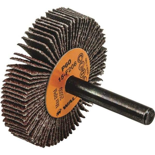 WALTER Surface Technologies - 2" Diam x 3/8" Face Width, Medium Aluminum Oxide Coated Mounted Flap Wheel - 1/4" Shank Mount, 60 Grit, Cloth Backing, 25,000 Max RPM - Apex Tool & Supply