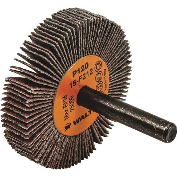 WALTER Surface Technologies - 2" Diam x 3/8" Face Width, Fine Aluminum Oxide Coated Mounted Flap Wheel - 1/4" Shank Mount, 120 Grit, Cloth Backing, 25,000 Max RPM - Apex Tool & Supply