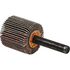 WALTER Surface Technologies - 1" Diam x 1" Face Width, Fine Aluminum Oxide Coated Mounted Flap Wheel - 1/4" Shank Mount, 120 Grit, Cloth Backing, 25,000 Max RPM - Apex Tool & Supply