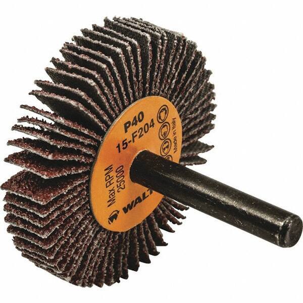 WALTER Surface Technologies - 2" Diam x 3/8" Face Width, Coarse Aluminum Oxide Coated Mounted Flap Wheel - 1/4" Shank Mount, 40 Grit, Cloth Backing, 25,000 Max RPM - Apex Tool & Supply