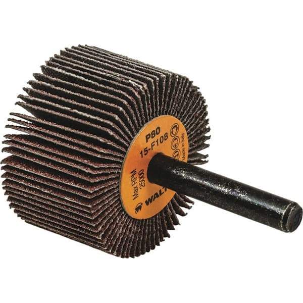 WALTER Surface Technologies - 1-1/2" Diam x 3/8" Face Width, Medium Aluminum Oxide Coated Mounted Flap Wheel - 1/4" Shank Mount, 80 Grit, Cloth Backing, 25,000 Max RPM - Apex Tool & Supply