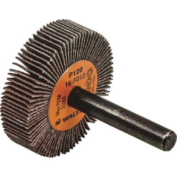 WALTER Surface Technologies - 1" Diam x 3/8" Face Width, Fine Aluminum Oxide Coated Mounted Flap Wheel - 1/4" Shank Mount, 120 Grit, Cloth Backing, 30,000 Max RPM - Apex Tool & Supply