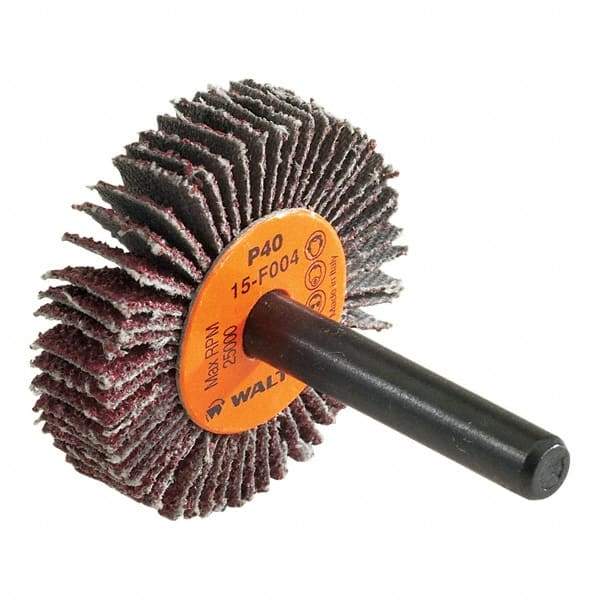 WALTER Surface Technologies - 1" Diam x 3/8" Face Width, Coarse Aluminum Oxide Coated Mounted Flap Wheel - 1/4" Shank Mount, 40 Grit, Cloth Backing, 30,000 Max RPM - Apex Tool & Supply