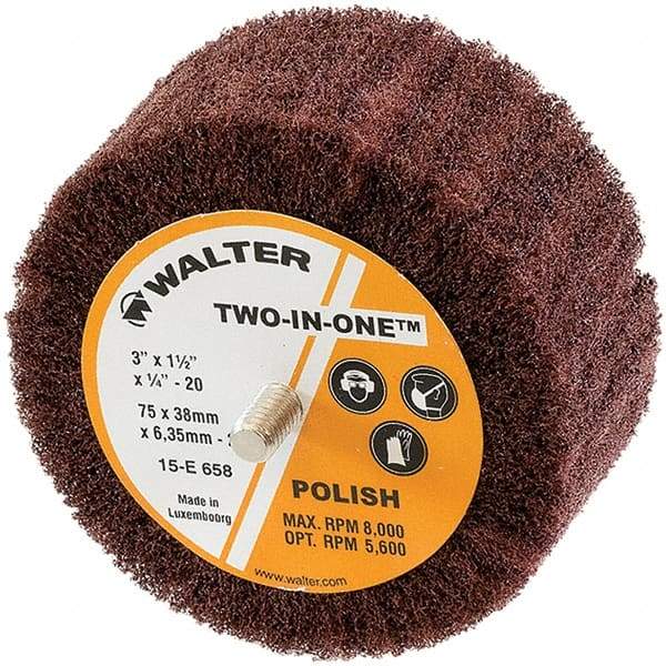 WALTER Surface Technologies - 3" Diam x 1-1/2" Face Width, Extra Fine Aluminum Oxide Nonwoven Mounted Flap Wheel - 1/4-20 Threaded Mount, 360 Grit, Interleaf, 8,000 Max RPM - Apex Tool & Supply
