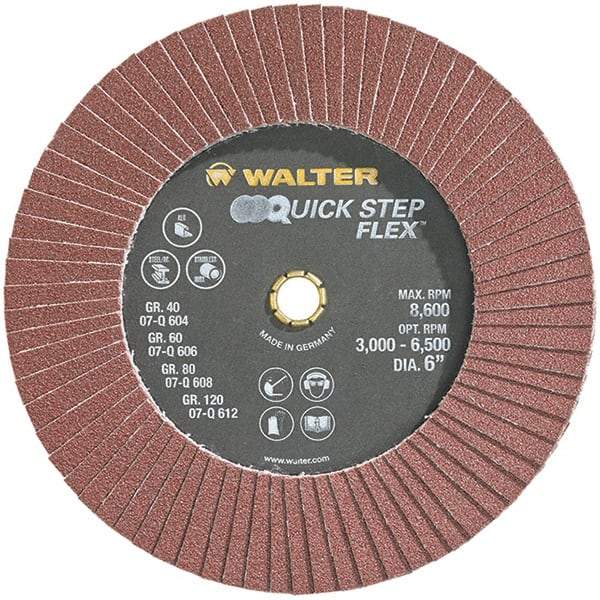 WALTER Surface Technologies - 80 Grit, 6" Disc Diam, Aluminum Oxide Flap Disc - 8,600 Max RPM, Fiber Backing, Hook & Loop Attaching System, Coated - Apex Tool & Supply