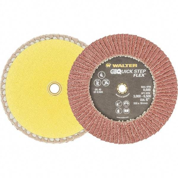 WALTER Surface Technologies - 40 Grit, 6" Disc Diam, Aluminum Oxide Flap Disc - 8,600 Max RPM, Fiber Backing, Hook & Loop Attaching System, Coated - Apex Tool & Supply