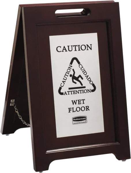 Rubbermaid - Attention/, Caution/, Cuidado/, Wet Floor, 15-1/8" Wide x 22" High, Wood Floor Sign - English/French/Spanish, A-Frame, Black on Silver, For Accident Prevention - Apex Tool & Supply