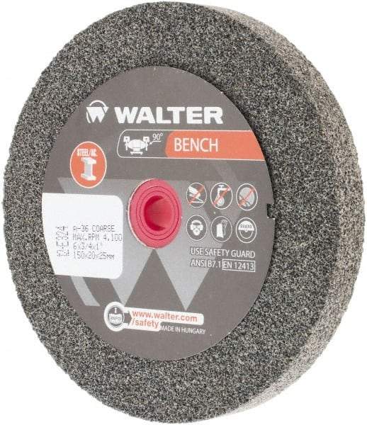 WALTER Surface Technologies - 36 Grit Aluminum Oxide Bench & Pedestal Grinding Wheel - 6" Diam x 1" Hole x 3/4" Thick, 4100 Max RPM, Coarse Grade, Vitrified Bond - Apex Tool & Supply
