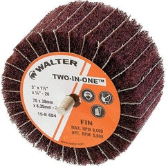 WALTER Surface Technologies - 3" Diam x 1-1/2" Face Width, Fine Aluminum Oxide Nonwoven & Coated Mounted Flap Wheel - 1/4-20 Threaded Mount, 180 Grit, Interleaf, 8,000 Max RPM - Apex Tool & Supply