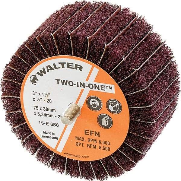WALTER Surface Technologies - 3" Diam x 1-1/2" Face Width, Extra Fine Aluminum Oxide Nonwoven & Coated Mounted Flap Wheel - 1/4-20 Threaded Mount, 220 Grit, Interleaf, 8,000 Max RPM - Apex Tool & Supply