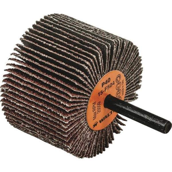 WALTER Surface Technologies - 2-1/2" Diam x 1-1/2" Face Width, Coarse Aluminum Oxide Coated Mounted Flap Wheel - 1/4" Shank Mount, 40 Grit, Cloth Backing, 20,000 Max RPM - Apex Tool & Supply