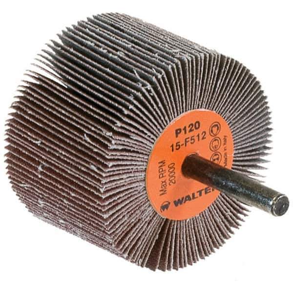 WALTER Surface Technologies - 2-1/2" Diam x 1-1/2" Face Width, Fine Aluminum Oxide Coated Mounted Flap Wheel - 1/4" Shank Mount, 120 Grit, Cloth Backing, 20,000 Max RPM - Apex Tool & Supply