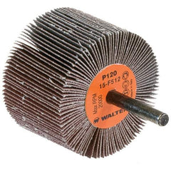 WALTER Surface Technologies - 2-1/2" Diam x 1-1/2" Face Width, Fine Aluminum Oxide Coated Mounted Flap Wheel - 1/4" Shank Mount, 120 Grit, Cloth Backing, 20,000 Max RPM - Apex Tool & Supply