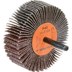 WALTER Surface Technologies - 3" Diam x 1" Face Width, Coarse Aluminum Oxide Coated Mounted Flap Wheel - 1/4" Shank Mount, 40 Grit, Cloth Backing, 15,000 Max RPM - Apex Tool & Supply